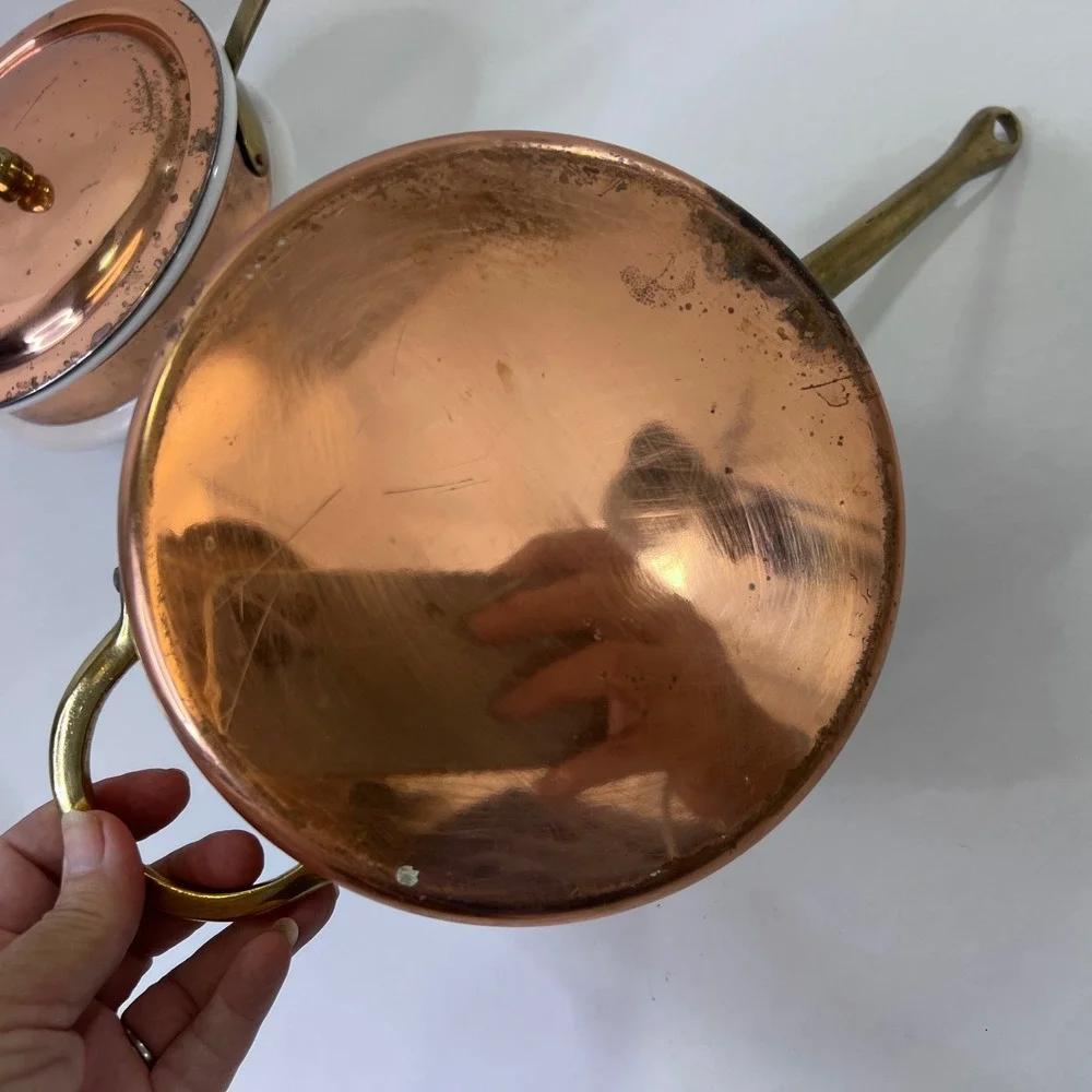 Vintage Copper Clad Double Boiler Porcelain Insert Brass Handles Outeiro 889